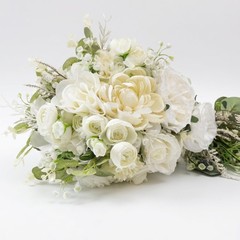 10″ White Rose Cascading Bridal Bouquet – Artificial Silk Wedding Flowers, Boho
