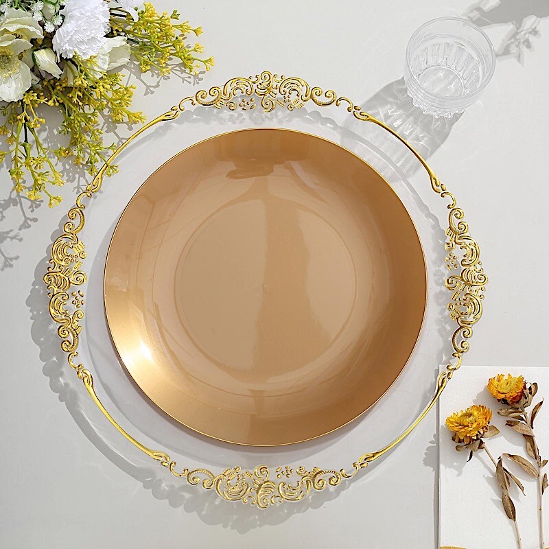 GOLD 10 Glossy 10″ Round Plastic Salad PLATES Gold Rim Party Events Decorations