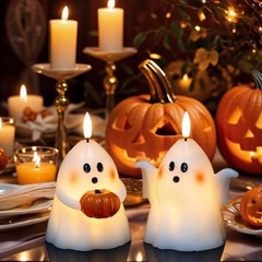 Halloween Ghost Flameless Candles with Timer Real Wax Battery A-2 Ghost Pumpkin