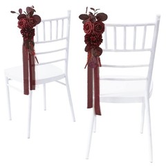 Red Rose Pew Wedding Aisle Chair Back Floral Decor w/ Chiffon Ribbon 2pc Fall