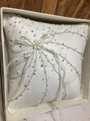 Ivory Satin Crystal Beaded Wedding Ring Bearer Pillow Faux Pearl Accent