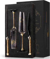 Beautiful Champagne Flutes Set with Rhinestone Knives for Wedding Celebrations