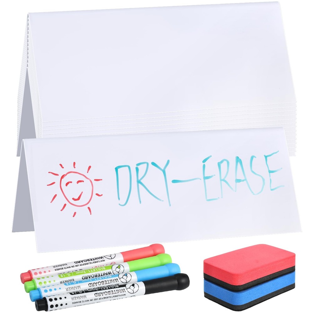 14 PCS Reusable Dry Erase Name Tent Cards For Table Markers Erasers 7.8×3.1