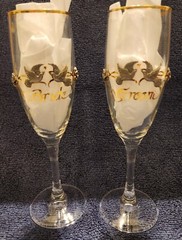 Rawcliffe Bride & Groom Champagne Flutes Pewter Doves Flowers Ribbons Gold