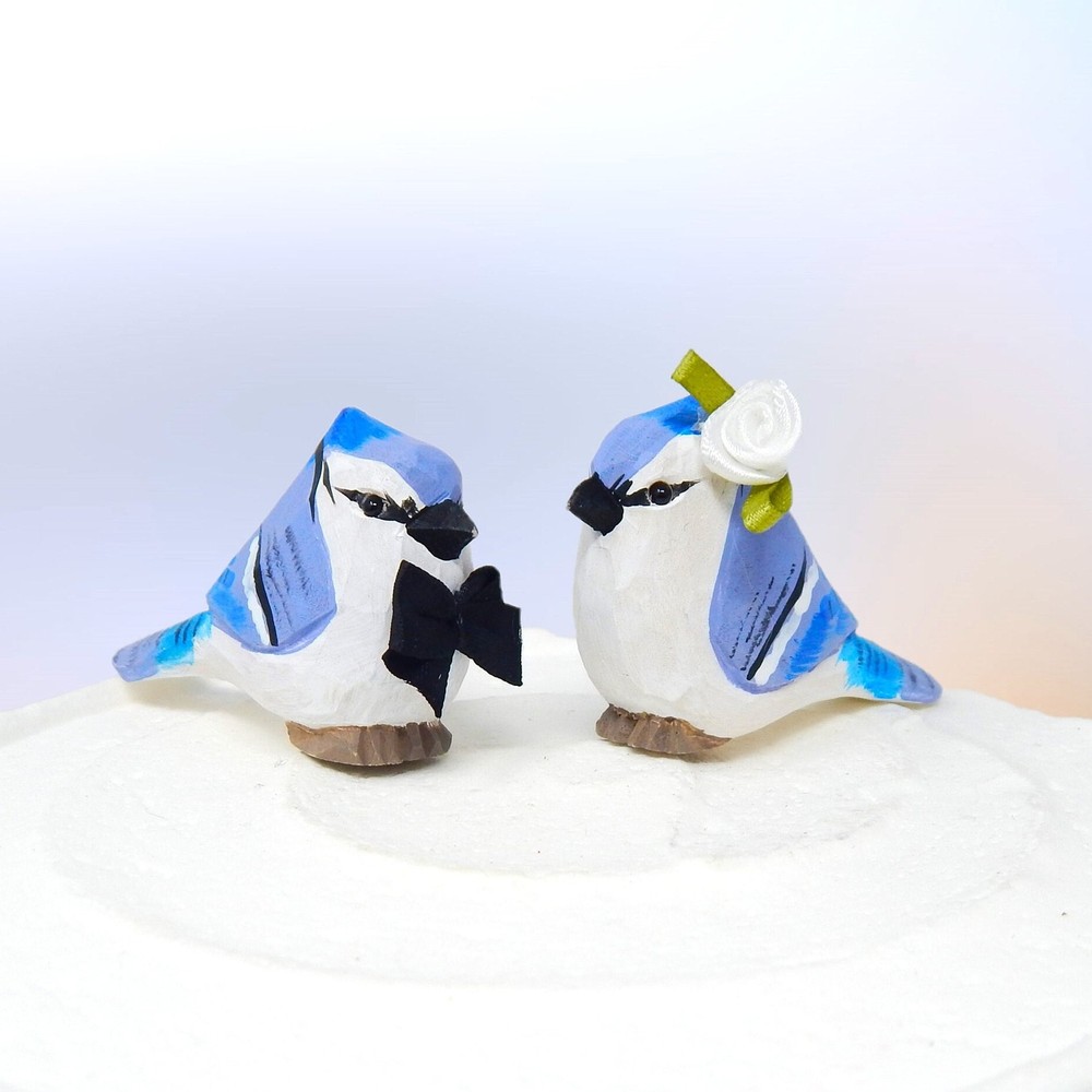 Blue Jay Bird Cake Topper Bride Groom Love Wedding Engagement Carved Wood Statue