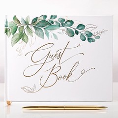 Gold Foil Greenery Wedding Guest Book 7 x 9 inches, Pen & Table Sign Included…