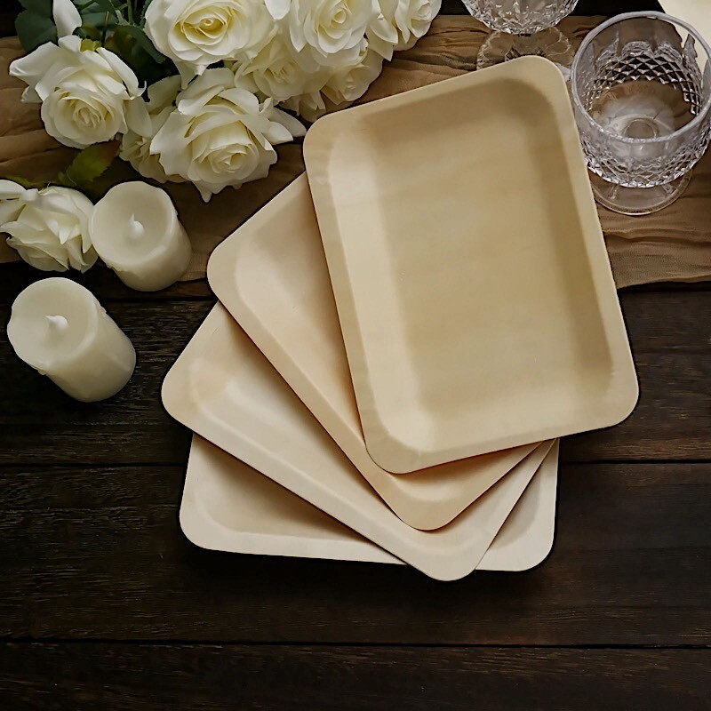 25 pcs Natural BIRCH WOODEN 8″ x 5″ Rectangle PLATES DISPOSABLE TABLEWARE SALE