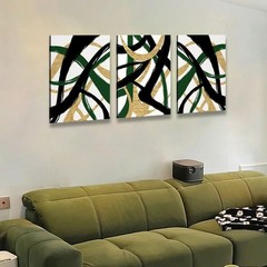 3Pcs Framed work Abstract Lines Canvas Wall Art Modern Black, Green, Gold Geo…