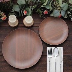 6 BROWN 10″ Round Wood Grain Design Heavy Duty Plastic PLATES Party Decorations