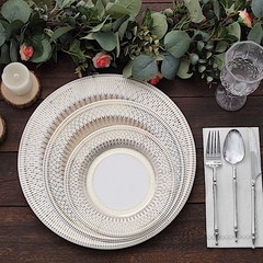 25 White Gold 10″ Porcelain Design Round Paper Plates Party Events Decorations