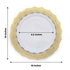 10 WHITE 10″ Round Plastic Salad Dinner PLATES Gold Lace Rim Party Decorations