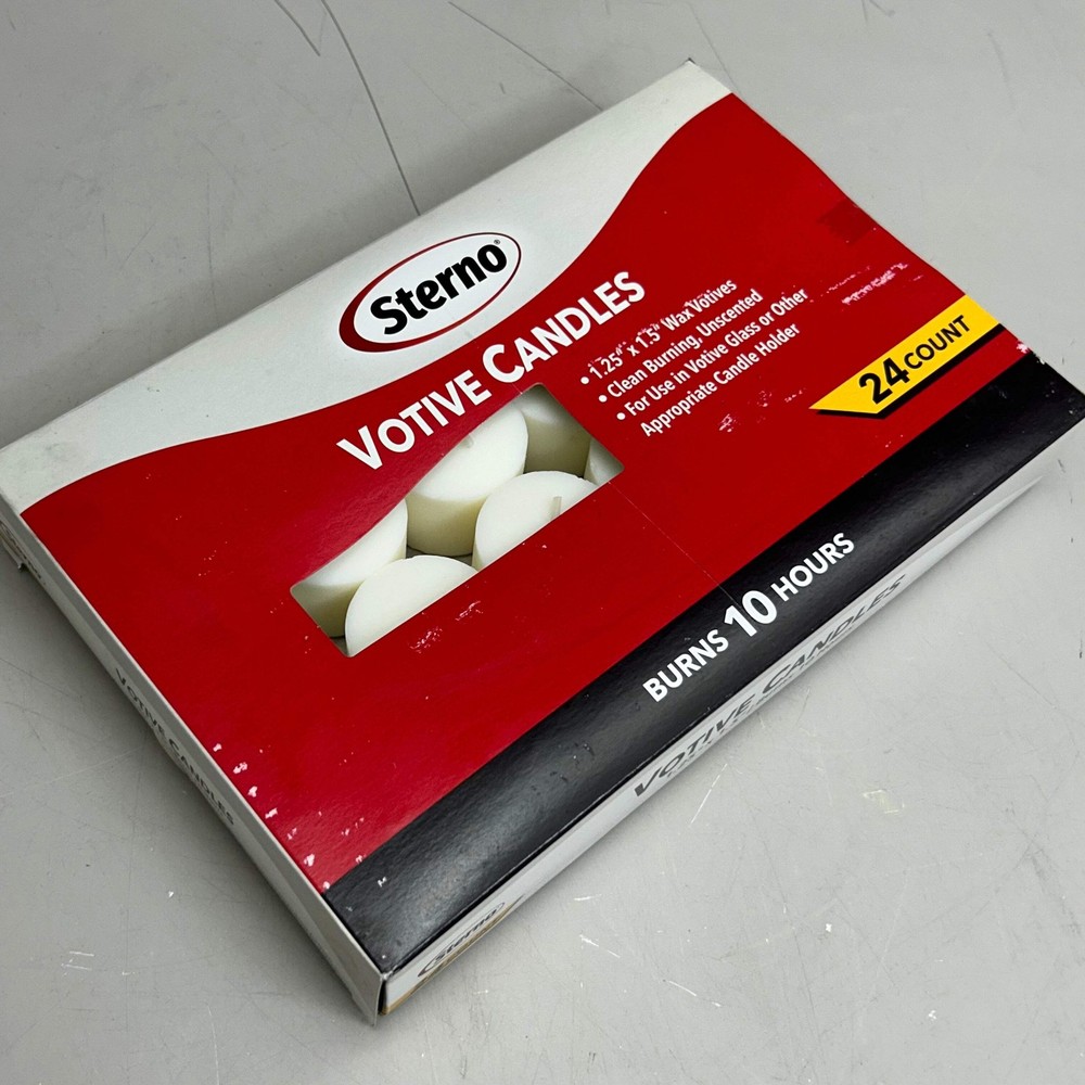 STERNO (24 Count) Votive Unscented Clean Burning Candles 1.25″x1.5″ White