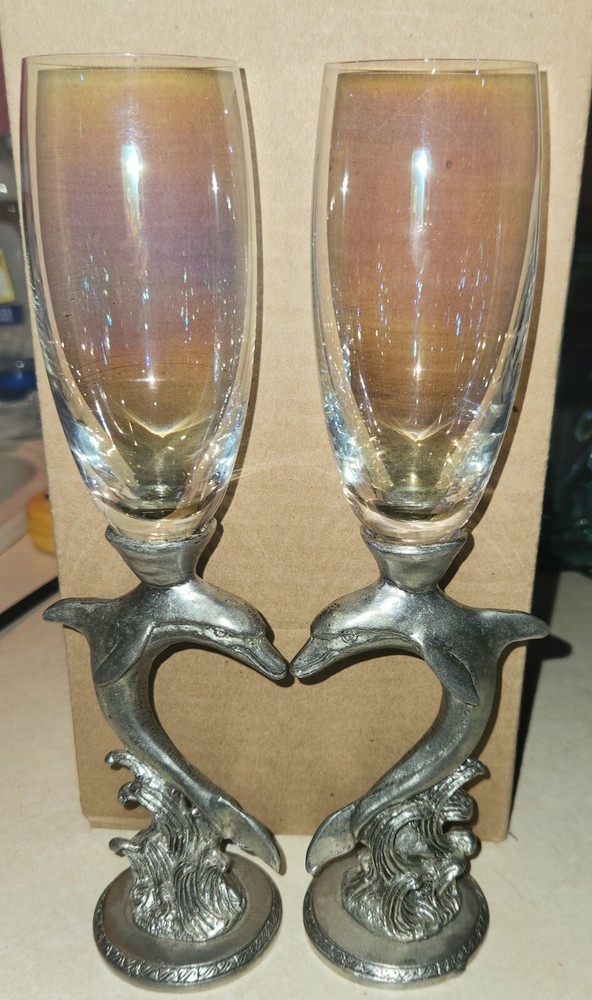 Dolphin Heart Wedding Toasting Glasses Champagne Flute Set Opal Glass pewter HTF