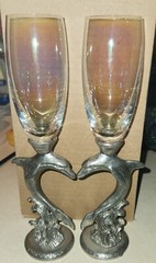 Dolphin Heart Wedding Toasting Glasses Champagne Flute Set Opal Glass pewter HTF