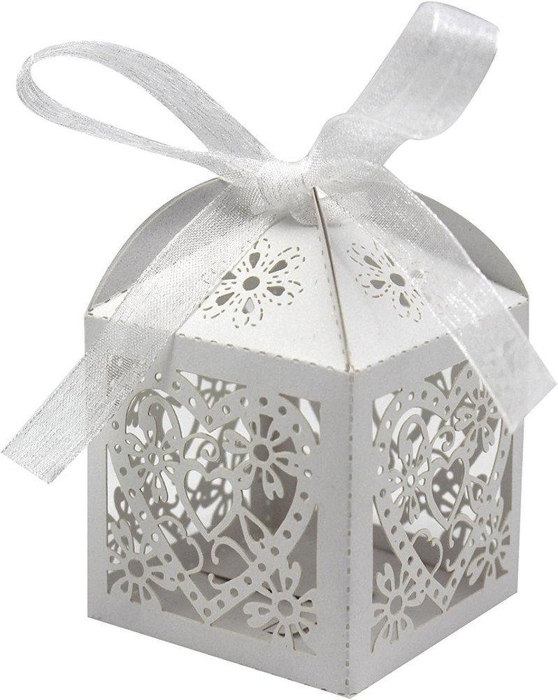 100 Pack Love Heart Laser Cut Wedding Favor Boxes with Ribbons for Candy Gifts