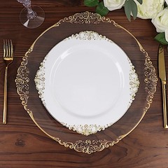 10 WHITE GOLD 10″ Round Plastic Salad Dinner PLATES Embossed Baroque Rim Party