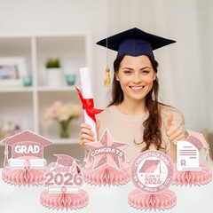 2026 Pink Graduation Decorations Honeycomb Centerpiece for Rose Gold