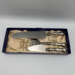 Vintage Ornate Silver Plated 3pc Cake Pie Serving Set Stainless Steel Blades Box