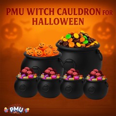 PMU 6pc Halloween Cauldron Pot Kettle Set: 8″, 6″, 4x 3″ Black Plastic Decor