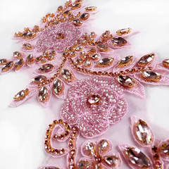 Light Pink Beaded Rose Flowers &Leaves Rhinestone Pair Applique for Prom Dress B