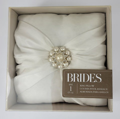Brides Wedding Ring Bearer Pillow 7×7 White Faux Pearl Rhinestone Center Cluster