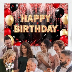 Happy Birthday Backdrop Banner Black and Red Theme Background with Neon Shiny…