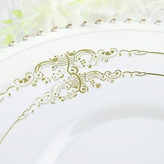 10 WHITE GOLD 10″ Round Plastic Salad Dinner PLATES Embossed Baroque Rim Party