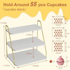 Cupcake Stand, 3-Tier Dessert Stand for 55 Cupcakes, Wood & Metal White & Gold