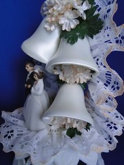 New Vintage Bride & Groom with peach trimmed Arch & bells Wedding CakeTop #187