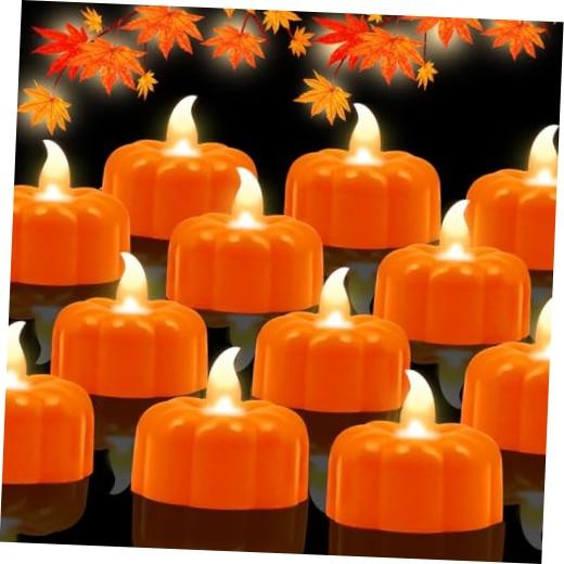 Fall Decorations for Home Pumpkin Tea Lights,12 Pack LED Orange Pumpkin Lights