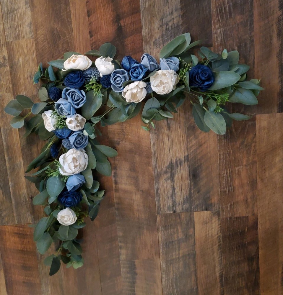 Navy Dusty Blue White Arch Decor Sola Wood Flower Arrangement Wedding Arbor
