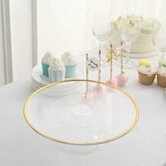 CLEAR 2 Round 12″ Plastic CAKE STAND Dessert Display Riser Gold Rim Party Events
