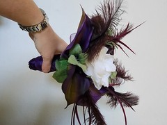 Bridal Bouquet Purple Cala Lilies and Feathers and White FlowersWhite