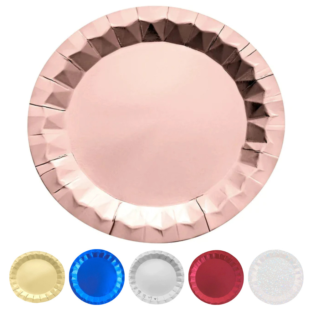 25 Metallic 12″ Round Paper Salad Dinner Plates Geometric Design Tableware