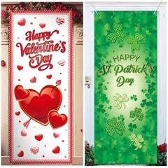 2 Pcs Valentine‘s Day and St. Patricks Day Door Covers Polyester Two festivals