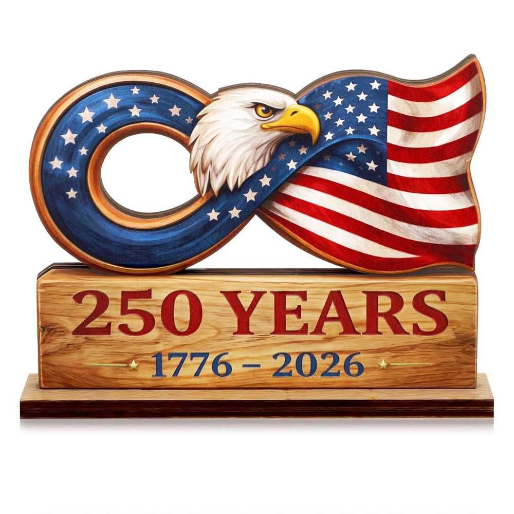 250th Anniversary Eagle Decor 8 Inch Patriotic 1776-2026 Wooden Blue and Red