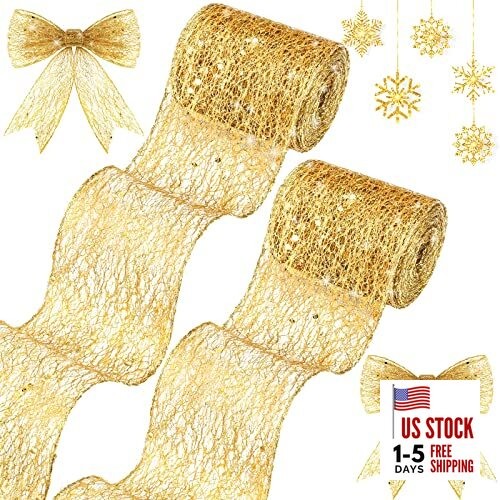 2 Rolls Gold Christmas Ribbon Glitter Mesh Wired Ribbons 2.5 Inch x 20 Yards