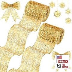 2 Rolls Gold Christmas Ribbon Glitter Mesh Wired Ribbons 2.5 Inch x 20 Yards