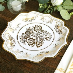 25 White 10″ Paper Dessert Plates GOLD Floral Print Scalloped Rim Party Events