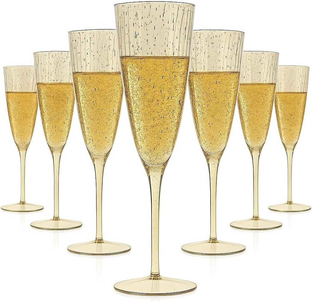 Oojami 6 Oz Gold Glitter Plastic Champagne Glasses 24 Pack 6 oz,