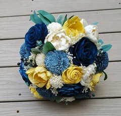 Dusty Blue Yellow Gold Navy Sola Wood Bridal Bouquet Bridesmaid Wedding Flowers