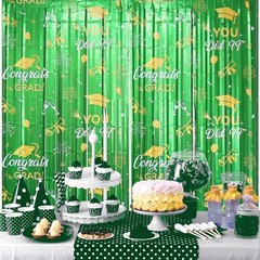 2 Pack Graduation Foil Fringe Curtain 3.3Ft x 6.6Ft Green Gold 2025 Graduatio…