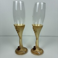Wedding Toasting Set: 2 Gold Heart Champagne Flutes + Cake Topper + Boot Shots