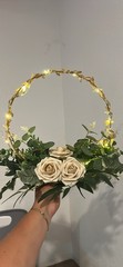 Table Centerpiece Gold LED Hoop with Ivory Roses & Greenery, Battery
