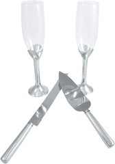 Silver Tone Champagne Flutes and Cake Server Set Engagement gift for Couples