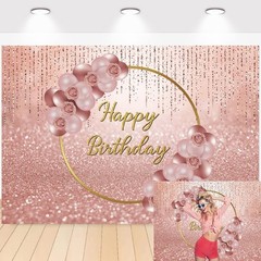 Pink Rose Gold Happy Birthday Backdrop Glitter Rose Gold Floral Balloon Bokeh…