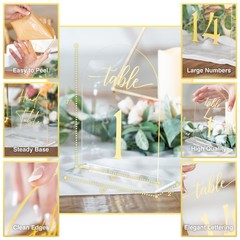1-10 Set 5×7 Clear Arch Acrylic Table Numbers, Gold Font, Stands, Head Sign