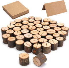 50 Pieces Wooden Place Card Holders with 50 Kraft Paper Cards, Rustic Wood Table