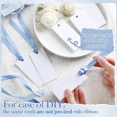 50 PCS Blank Name Place Cards Blue Satin Ribbon Wedding Banquet 1.57×3.54 In