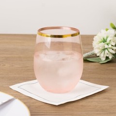12 pcs 14 oz BLUSH with GOLD Rim Stemless Plastic Wine Glasses Party Supplies